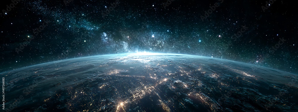 Obraz premium Earth's Radiance from Above: A mesmerizing view of Earth from space, bathed in the ethereal glow of starlight and celestial wonders. This breathtaking image captures the planet's fragility and beauty.