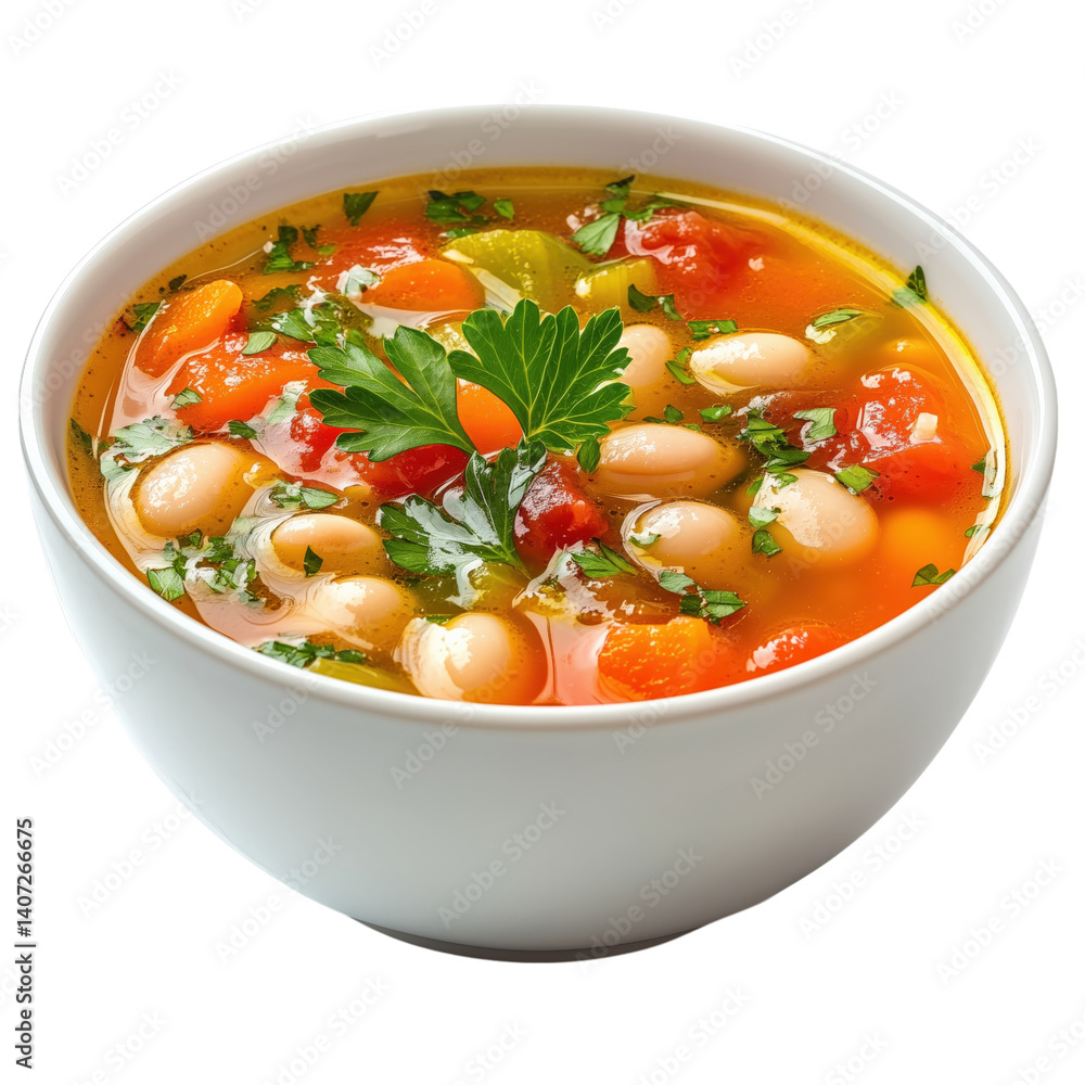 Bowl of hearty vegetable soup with beans, carrots, celery, tomatoes, and herbs, isolated on a transparent background. Bowl of hearty vegetable soup with beans, carrots, celery, tomatoes, and herbs, isolated on a transparent background.