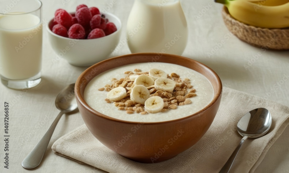 Nutritious breakfast bowl with creamy oatmeal, fruits and cereals for healthy life Nutritious breakfast bowl with creamy oatmeal, fruits and cereals for healthy life