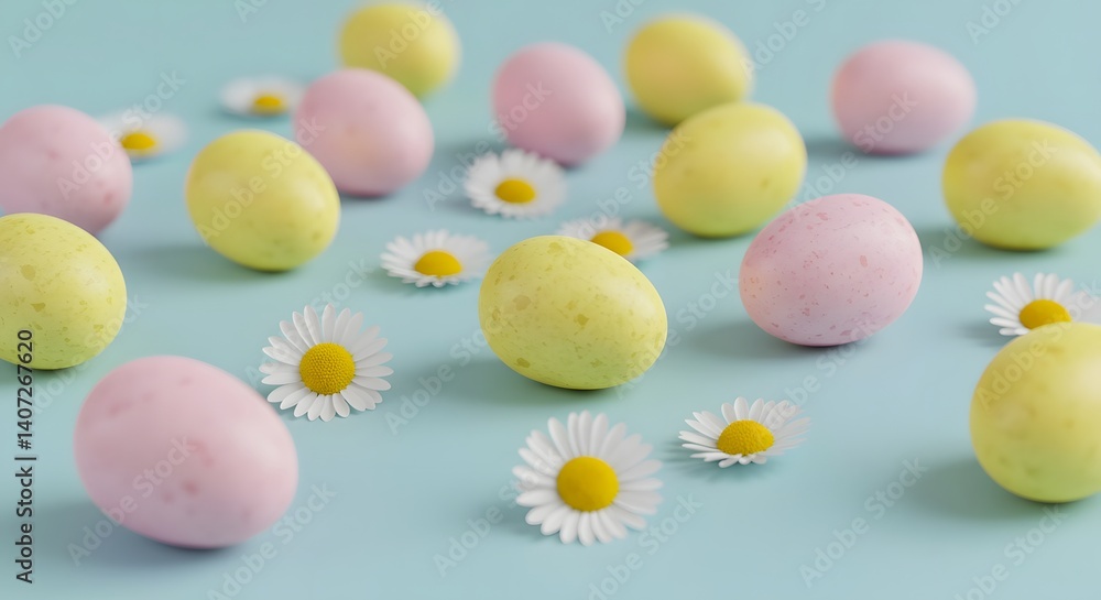 Pastel Easter Eggs and Daisies: A Delicate Springtime Scene Pastel Easter Eggs and Daisies: A Delicate Springtime Scene