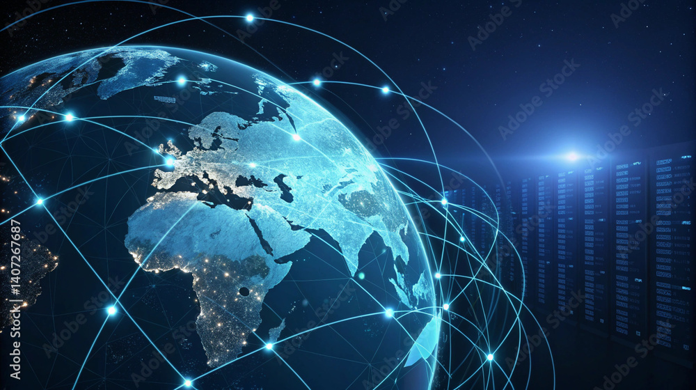 Fototapeta premium 3D holographic globe floating in space, covered in glowing digital nodes and connecting lines, AI