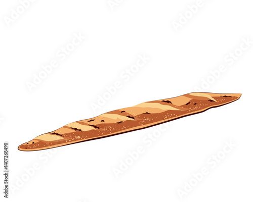 Long crusty and craft baguette. Tasty bread isolated vector illustration.