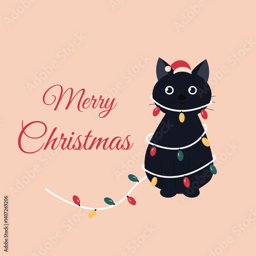 Funny black cat wrapped around Christmas lights and Santa Claus hat on his head.Merry Christmas, Happy new year concept. Vector illustration cartoon flat style.
