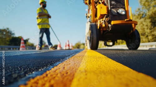 Pavement marking specialist painting traffic lines on a highway. Featuring precision and road safety