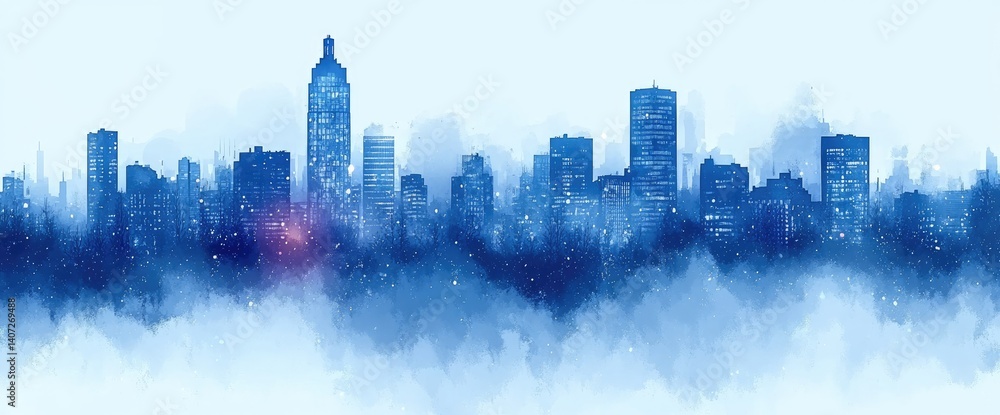 Obraz premium A blue cityscape silhouette with a painted look, under soft sky and hazy foreground