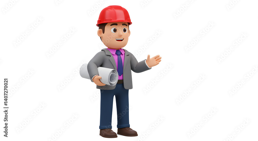 Friendly 3D Cartoon Architect Presenting Construction Plans Friendly 3D Cartoon Architect Presenting Construction Plans
