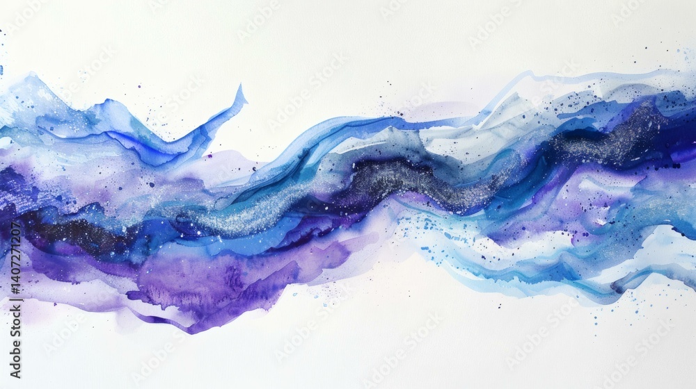 Abstract Watercolor Flow: Deep Blue, Violet, and Silver Sparkles on Textured White Canvas Abstract Watercolor Flow: Deep Blue, Violet, and Silver Sparkles on Textured White Canvas