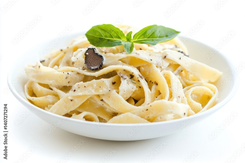 Creamy fettuccine alfredo in white bowl on White background Creamy fettuccine alfredo in white bowl on White background