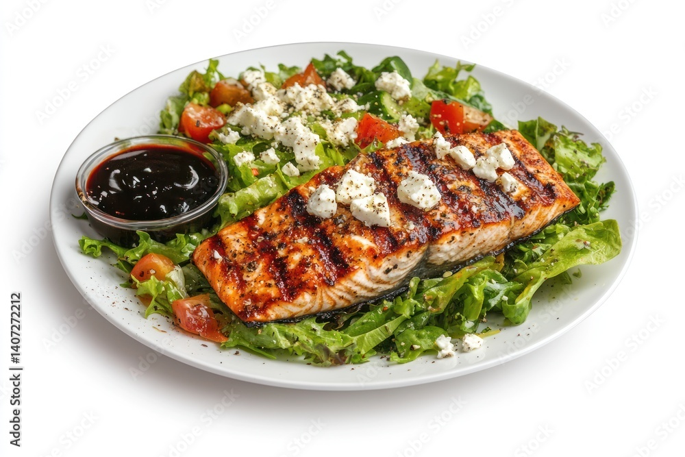 Grilled salmon with salad and small bowl of sauce on white plate. Grilled salmon with salad and small bowl of sauce on white plate.
