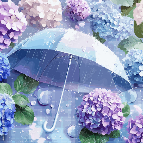アジサイと傘のベクターイラスト