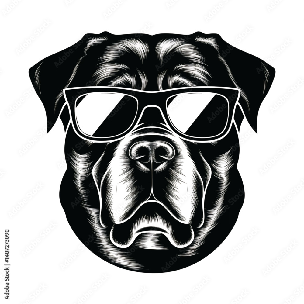Cool Rottweiler Dog with Sunglasses Black and White Vector Art