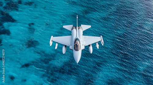 Fighter jet maneuvering above turquoise waters aerial view military aircraft coastal environment dynamic action scene