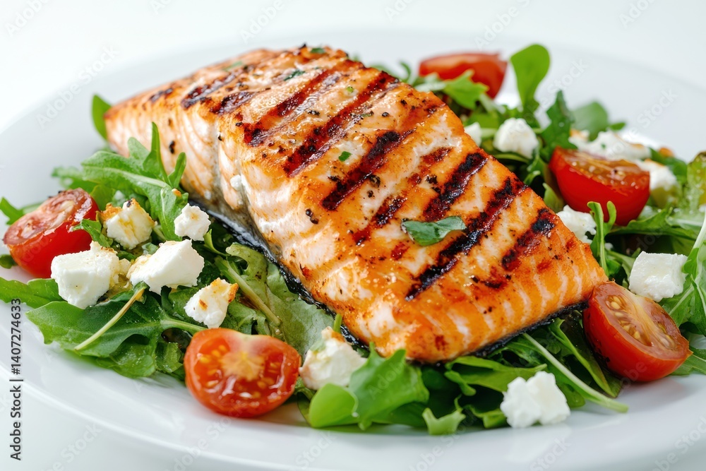 Grilled salmon fillet on a bed of arugula tomatoes and feta cheese. Grilled salmon fillet on a bed of arugula tomatoes and feta cheese.