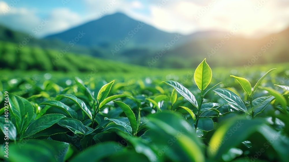 Lush tea plantation under a vibrant sky. Fresh, young tea leaves thrive in a sunlit tea garden, amidst rolling hills and mountains Lush tea plantation under a vibrant sky. Fresh, young tea leaves thrive in a sunlit tea garden, amidst rolling hills and mountains