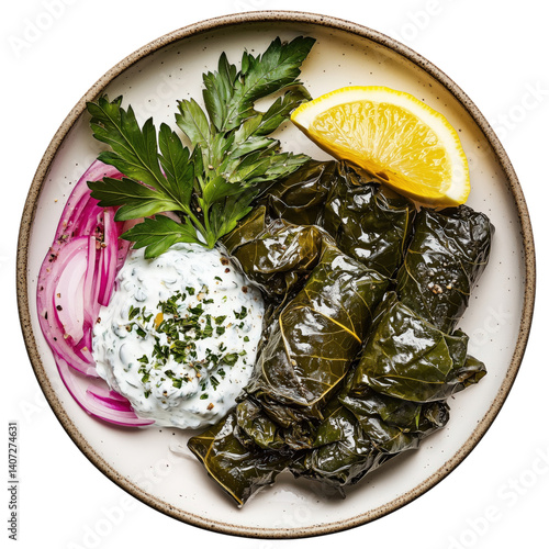 Stuffed grape leaves with yogurt dip and lemon slice on a plate, garnished with parsley, isolated on transparent background.