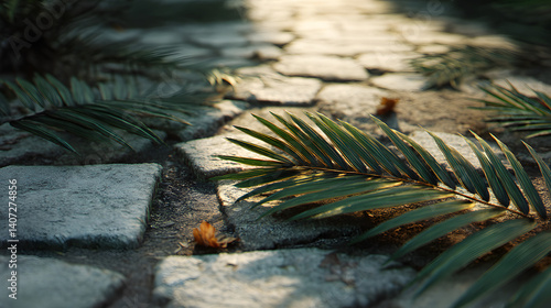 Sunlit stone path with fallen palm fronds, creating a serene and textured natural scene.