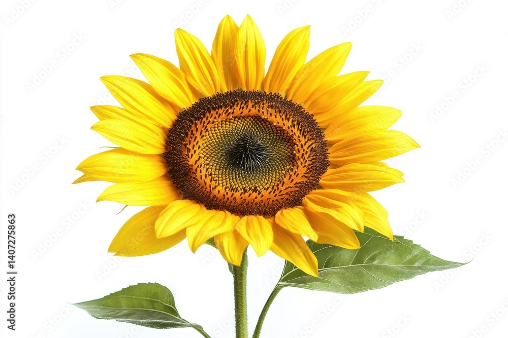 Obraz premium Single sunflower in full bloom facing forward, isolated on white background