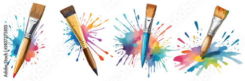 Set of paint brushes with colorful paint, vector on white background