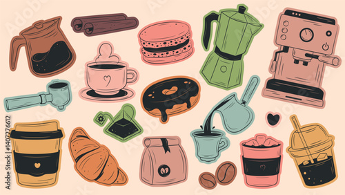 Hand drawn food and drink stickers set. Coffee machine, french press, cup, kettle, donut, croissant, macaroon. Minimalistic isolated vector illustrations. 