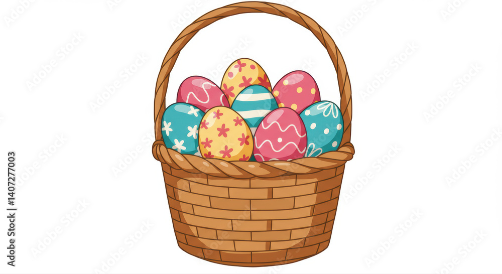 A wicker basket overflowing with beautifully decorated Easter eggs, ready for the season. A wicker basket overflowing with beautifully decorated Easter eggs, ready for the season.
