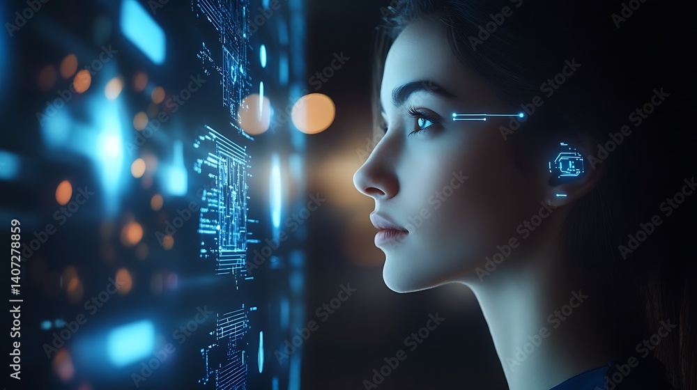 Woman Interacting with Futuristic Interface