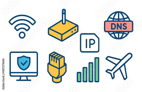 outline vector icons of internet safety settings: safe search, parental control, ad blocker, phishing alert, malware scan, secure connection, site blocking, tracking prevention. No text. The icons