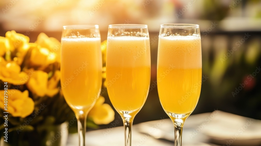 National Mimosa Day. Three glasses of orange mimosa with sunlit background and yellow flowers National Mimosa Day. Three glasses of orange mimosa with sunlit background and yellow flowers