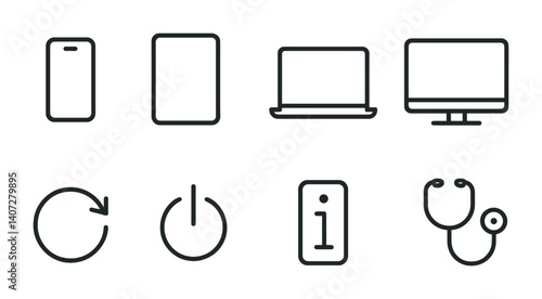 outline vector icons of device management settings: phone, tablet, laptop, desktop, restart, shutdown, device info, diagnostics. No text. The icons should be clean. isolated transparent background.