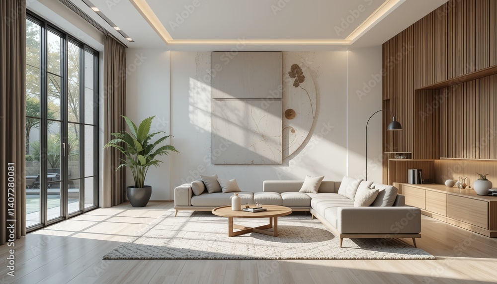 Fototapeta premium Modern minimalist living room with light sectional sofa and floor-to-ceiling windows - AI generated interior design photography