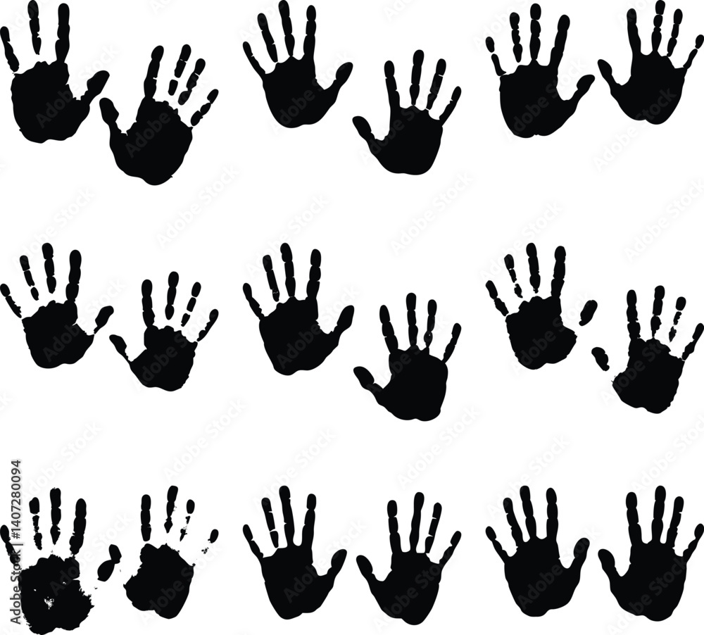 Obraz premium Multiple Child Handprints Pattern with Transparent Background, Black Ink Hand