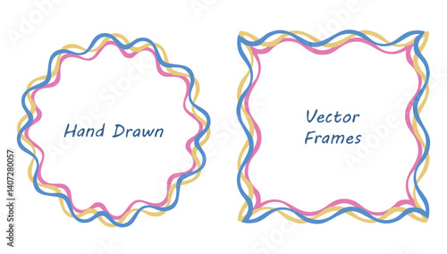 Rainbow line frame, cute border Set. Hand drawn ink brush wave stoke, doodle style. Circle wreath, square geometric shape. Empty frames for text space. Holiday festive decorative vector illustration