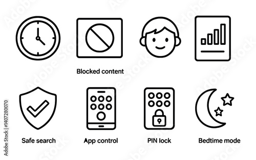 outline vector icons of parental control settings: time limit, blocked content, child profile, activity report, safe search, app control, PIN lock, bedtime mode. No text. The icons should be clean.