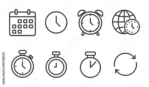 outline vector icons of business time management: wall clock, hourglass, calendar grid, reminder bell, schedule icon, planner, time tracker, stopwatch. No text. The icons should be clean. isolated