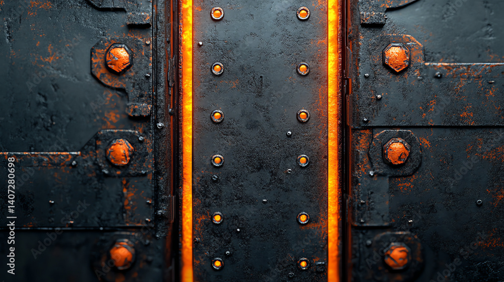 Fototapeta premium Scratched and weathered metal plating with glowing orange seams, perfect for dystopian tech and industrial sci-fi designs. Ideal for cyberpunk, futuristic, and post-apocalyptic projects.