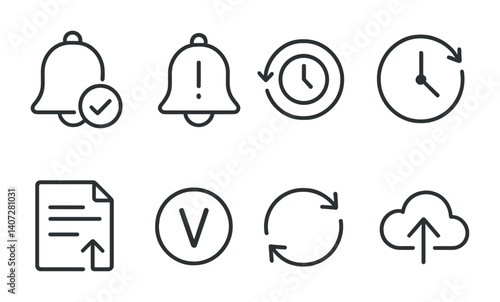 outline vector icons of app management settings: installed apps, app permissions, storage use, uninstall, app update, cache, default apps, app info. No text. The icons should be clean. isolated