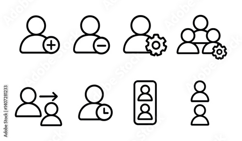outline vector icons of user management settings: add user, remove user, change role, permissions, group settings, switch user, login activity, user list. No text. The icons should be clean. isolated