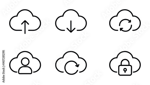 outline vector icons of syncing settings: cloud sync, refresh arrows, upload, download, two-way sync, sync complete, sync error, auto sync. No text. The icons should be clean. isolated transparent