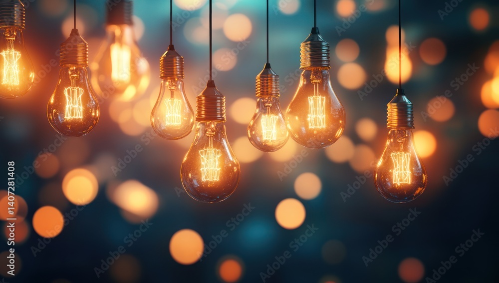 Hanging light bulbs glow warmly against a blurred dark blue background. Hanging light bulbs glow warmly against a blurred dark blue background.