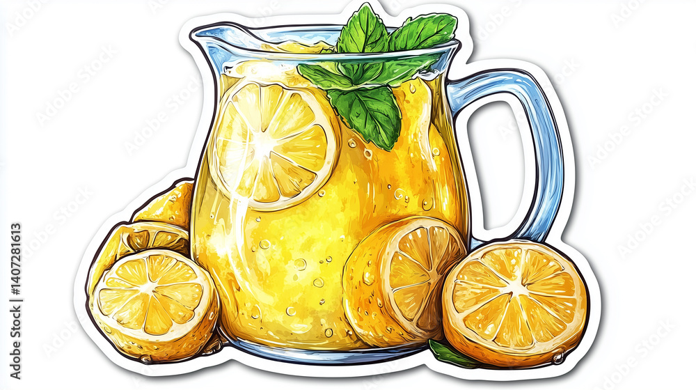 Lemonade Pitcher Sticker, Large Glass Pitcher Filled with Fresh Lemonade, Floating Lemon Slices and Mint Leaves, Condensation on Outside, White Border, Fully Isolated on White Background, Generated AI Lemonade Pitcher Sticker, Large Glass Pitcher Filled with Fresh Lemonade, Floating Lemon Slices and Mint Leaves, Condensation on Outside, White Border, Fully Isolated on White Background, Generated AI