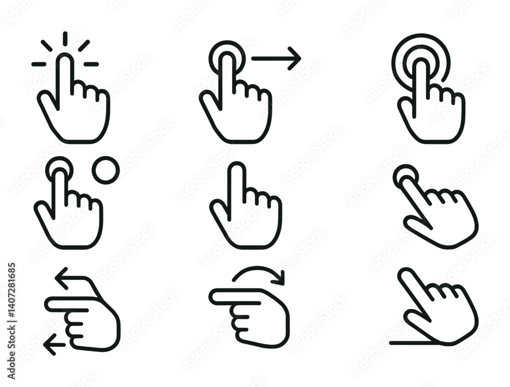 Fototapeta premium outline vector icons of touch control settings: gestures, swipe, double tap, long press, multi-touch, zoom, rotate, drag. No text. The icons should be clean. isolated transparent background. Line