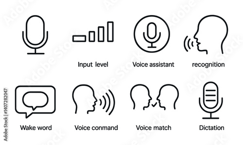 outline vector icons of voice settings: microphone, input level, voice assistant, recognition, wake word, voice command, voice match, dictation. No text. The icons should be clean. isolated