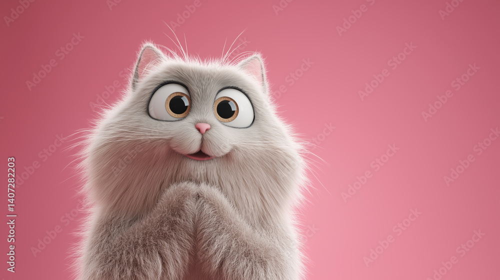 Brown fluffy cat with big eyes smiling against a soft pink background Brown fluffy cat with big eyes smiling against a soft pink background