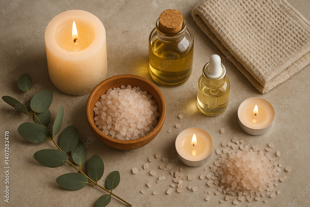 A serene arrangement of candles, essential oils, and bath salts captures tranquility and relaxation, making it perfect for wellness, spa, or self-care themed visuals. A serene arrangement of candles, essential oils, and bath salts captures tranquility and relaxation, making it perfect for wellness, spa, or self-care themed visuals.