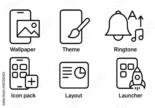 outline vector icons of phone customization: wallpaper, theme, ringtone, font size, icon pack, widget, layout, launcher. No text. The icons should be clean. isolated transparent background. Line