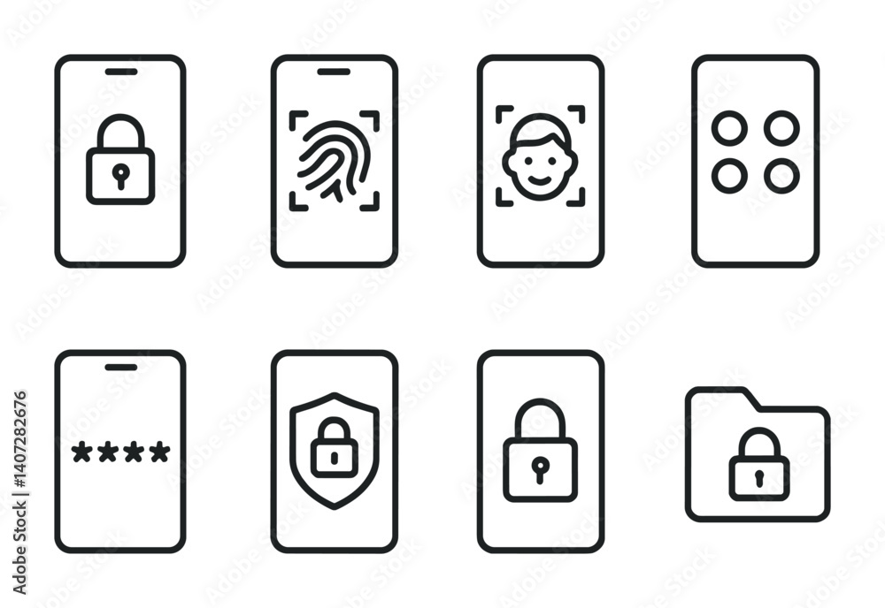 outline vector icons of phone security: lock screen, fingerprint, face unlock, PIN, password, two-factor, app lock, secure folder. No text. The icons should be clean. isolated transparent background.