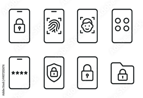 Obraz na płótnie outline vector icons of phone security: lock screen, fingerprint, face unlock, PIN, password, two-factor, app lock, secure folder. No text. The icons should be clean. isolated transparent background. w salonie