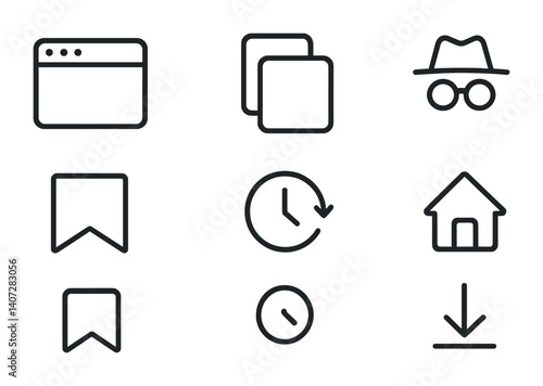 outline vector icons of phone browsing: browser icon, tab switcher, incognito mode, bookmarks, history, refresh, home, download. No text. The icons should be clean. isolated transparent background.