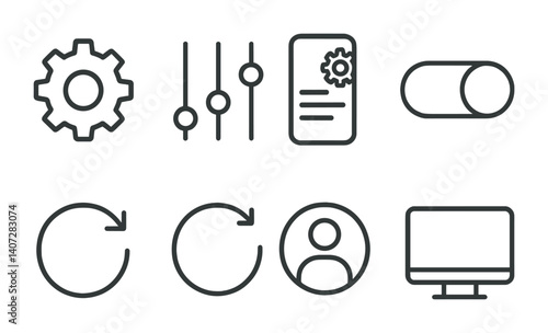 outline vector icons of device management settings: phone, tablet, laptop, desktop, restart, shutdown, device info, diagnostics. No text. The icons should be clean. isolated transparent background.