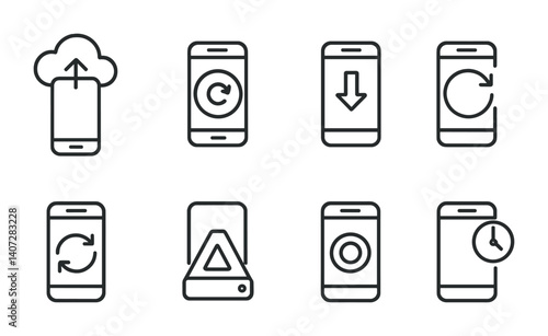 outline vector icons of phone storage: internal memory, SD card, file folder, cloud backup, storage bar, used space, free space, recycle bin. No text. The icons should be clean. isolated transparent