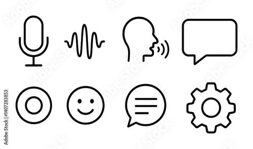 outline vector icons of voice settings: microphone, input level, voice assistant, recognition, wake word, voice command, voice match, dictation. No text. The icons should be clean. isolated